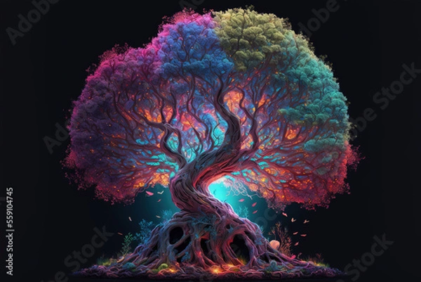 Fototapeta Magical Fantasy Tree z kolorowymi liśćmi, generatywna sztuczna inteligencja