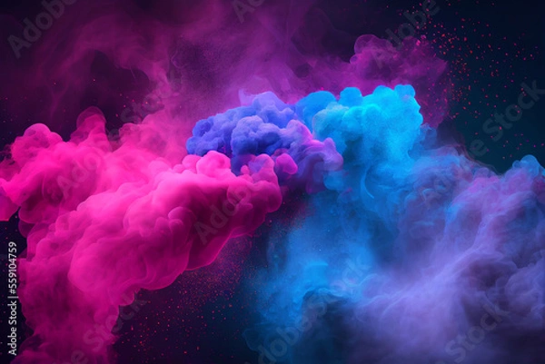 Fototapeta Neon blue and purple multicolored smoke puff cloud design elements on a dark background - generative ai