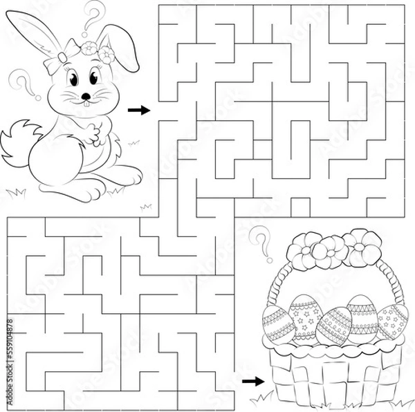 Fototapeta Little rabbit and decorated Easter eggs in a basket. Maze game for kids. coloring book