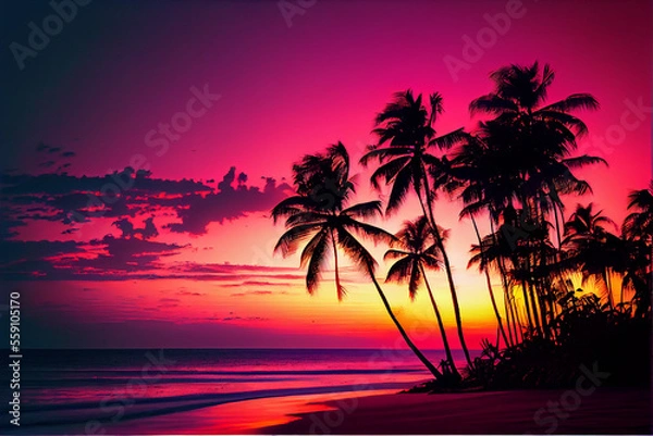 Fototapeta Beautiful colorful sunset on tropical ocean beach with coconut palm trees silhouettes - generative ai