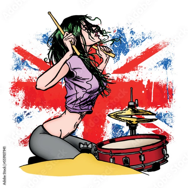 Fototapeta a girl musician drummer plays against the background of the British flag