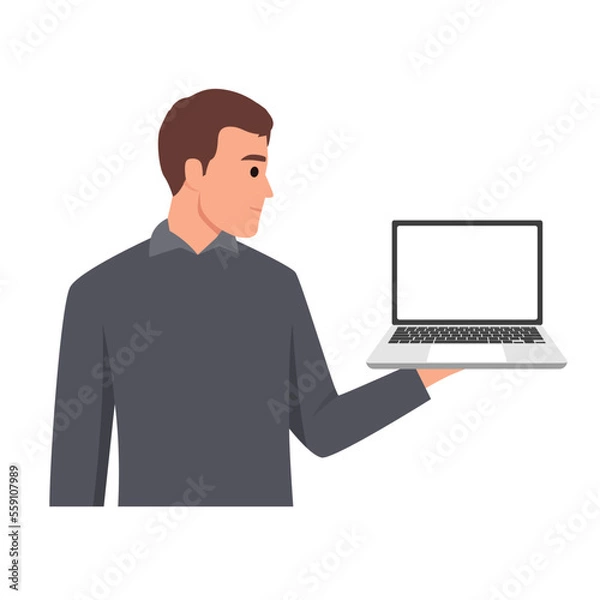 Fototapeta Young man holding or showing the blank screen of a laptop computer. Flat vector illustration isolated on white background