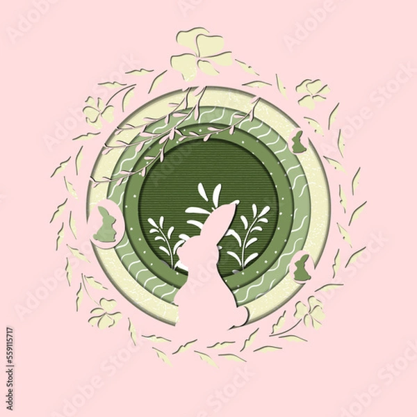 Obraz spring illustration with a rabbit in the style of paper cut, Easter background.