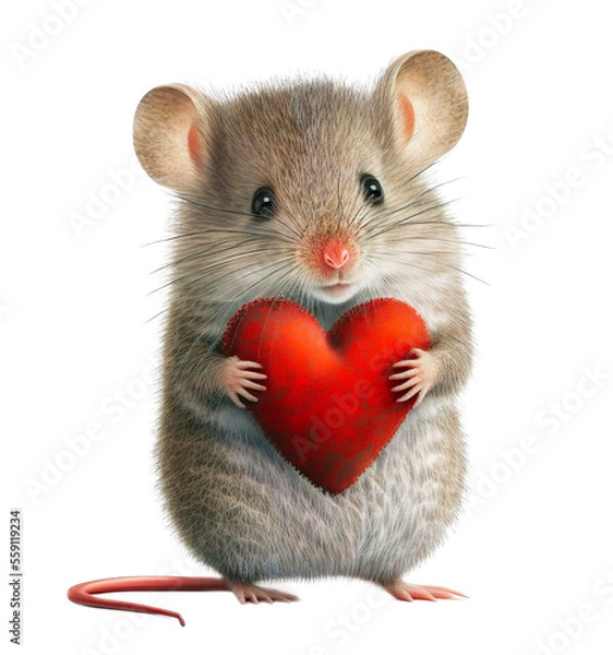 Fototapeta Cute adorable mouse holding a red valentine heart isolated on a transparant background - generative AI
