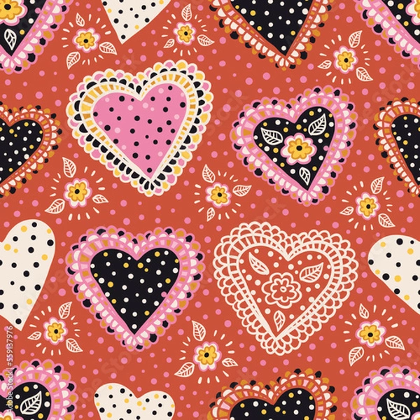 Fototapeta Hearts with petals and dots seamless vector pattern