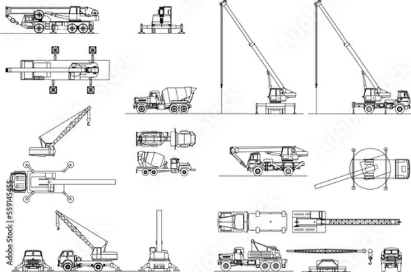 Fototapeta set of sketches of vector illustrations of heavy equipment cars for the multi-storey building construction industry