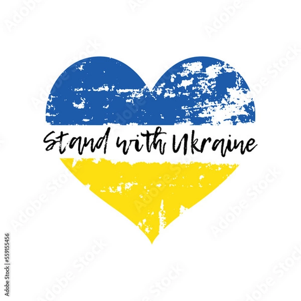Fototapeta The inscription "Stand with Ukraine" with the flag of Ukraine in the shape of a heart. Save Ukraine. Stop the war, pray for Ukraine. Blue and yellow heart in grunge style isolated on white