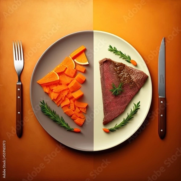Fototapeta Meat versus plant based meal, vegan and vegetarian illustration, isolated plate with meat and vegetables, generative ai