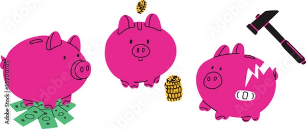 Fototapeta Piggy bank set. Piggy and stack, money coin, broken pig. Isolated vector on white background
