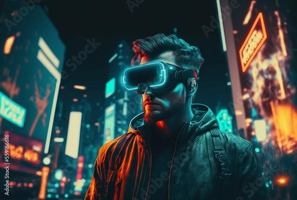 Fototapeta Silhouette of a human face in a virtual or augmented reality headset. Ai art generated by neural networks