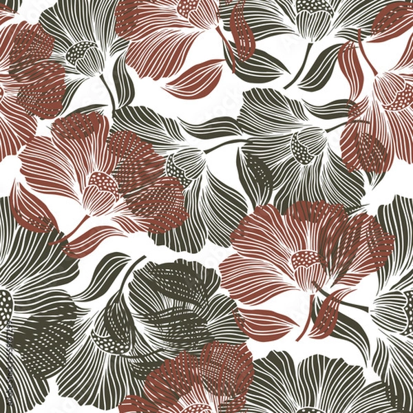 Fototapeta Abstract flower line seamless pattern. Delicate floral vintage outline endless background. Retro style.