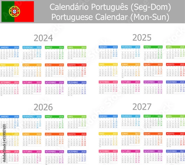 Obraz 2024-2027 Portuguese Type-1 Calendar Mon-Sun on white background