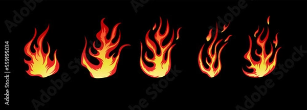 Fototapeta Hand drawn fire illustration on black background for element design. silhouette of flames in set.
