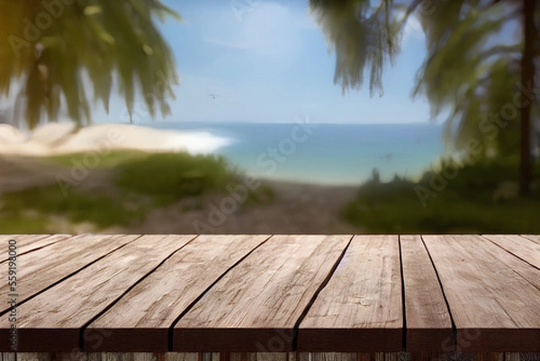 Fototapeta WOODEN TABLE WITH DEFOCUSED BEACH BACKGROUND - Generative AI technology