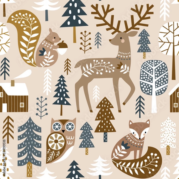 Fototapeta Seamless vector pattern with cute woodland animals and woods on dark grey background. Scandinavian woodland illustration. 
