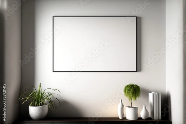 Fototapeta A wall art poster mockup hanging on a wall with some plants, a clean and empty canvas template, generative ai