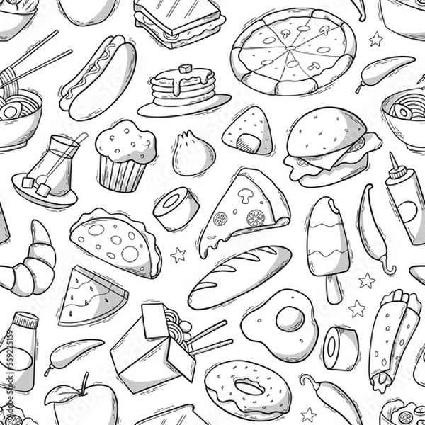 Fototapeta Seamless pattern with fast food doodles, elements for wallpaper, wrapping paper, backgrounds, coloring pages, scrapbooking, recipe books, textile prints, etc. EPS 10