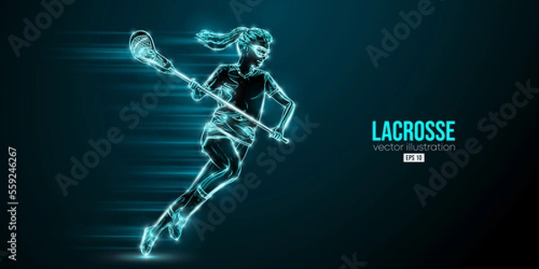 Obraz Abstract silhouette of a lacrosse player on black background. Lacrosse player woman are throws the ball. Vector illustration
