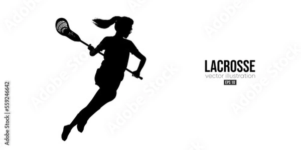 Obraz Abstract silhouette of a lacrosse player on white background. Lacrosse player woman are throws the ball. Vector illustration