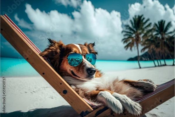 Obraz vacation on maldives, dog with sunglasses. Generative AI