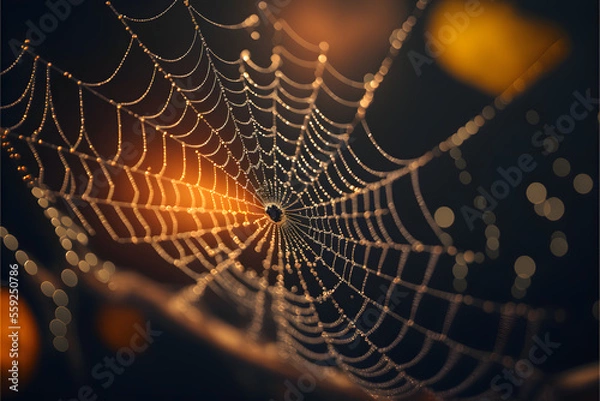 Obraz Spider web with dew drops, bokeh effect. Generative AI