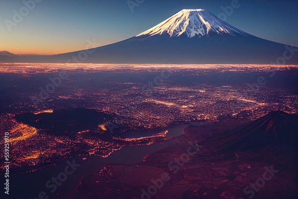 Obraz Mountain volcano with city, Generative AI