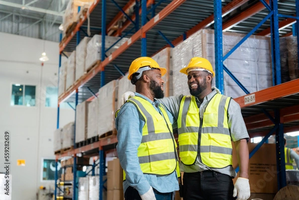 Fototapeta Two african workers talking and smiling in a warehouse.