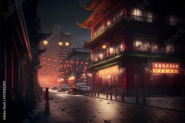 Fototapeta Chinese lantern and chinese temple lights up in chinese lunar year celebration, generative ai