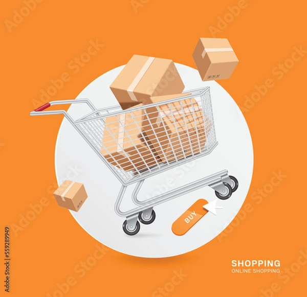 Fototapeta parcel box or cardboard display in shopping cart or trolley and all place on white circle