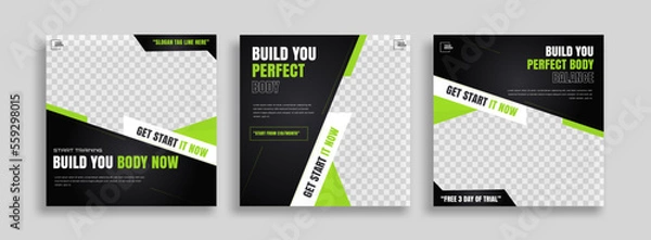 Fototapeta posts on social media vector illustration. Stylish graphics templates posts. dynamic abstractions typography photo. modern art paint and brush stains, fitness subjects gym. design frame post Template