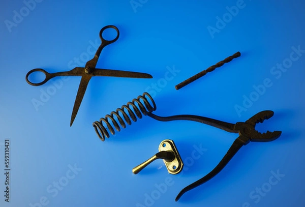 Obraz A set of vintage, patina-coated metal objects on a blue background
