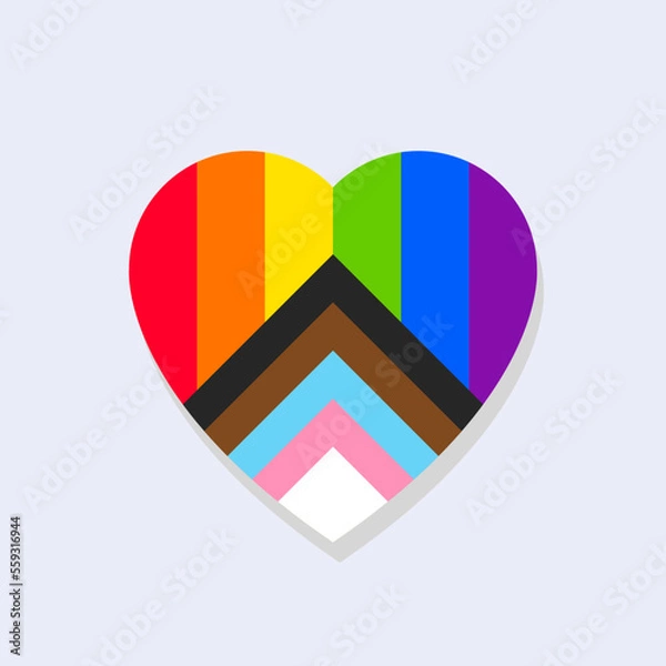 Fototapeta Progress pride flag and heart shape concept. Symbol of love, acceptance, diversity and inclusivity. Vector illustration, colorful icon, rainbow colors.