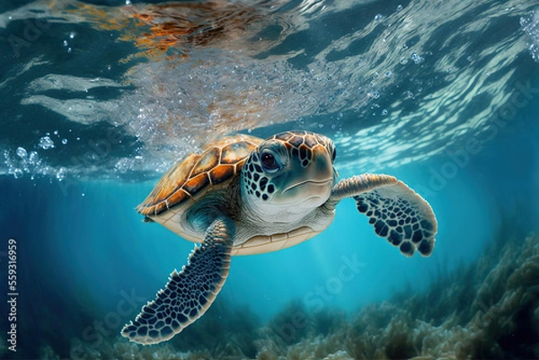 Fototapeta Baby turtle under the sea water. Sea turtle in wild nature. Underwater photo with tortoise. Generative AI