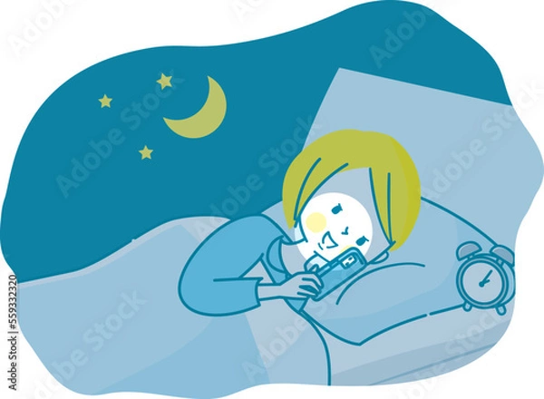 Fototapeta 夜ベッドの中でスマホを見る女性のイラスト
