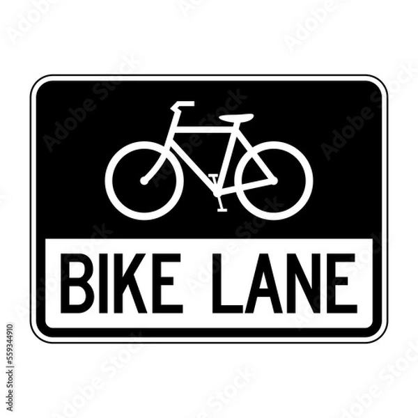 Fototapeta Bike lane traffic sign. Vector illustration of rectangular sign with bike icon inside. Road only for bicycles. Bikeways cycleways symbol isolated on white background.