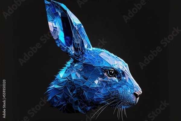 Fototapeta Abstractlow poly blue rabbit head. Generative AI