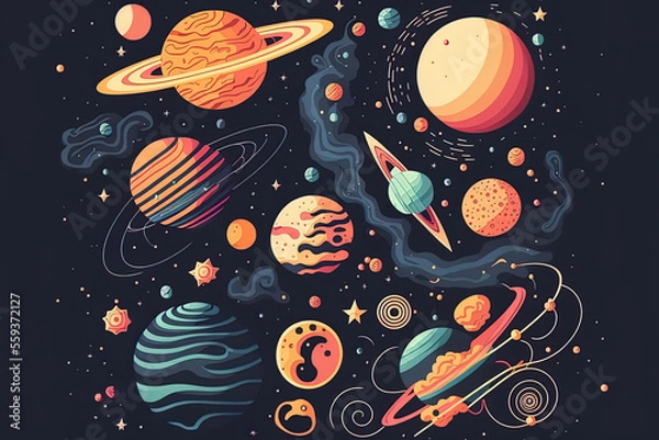 Fototapeta Fantastic science fiction galaxy containing unexplored planets, stars, comets, asteroids, and other components. explore the universe and marvel in space science. illustration with fine lines