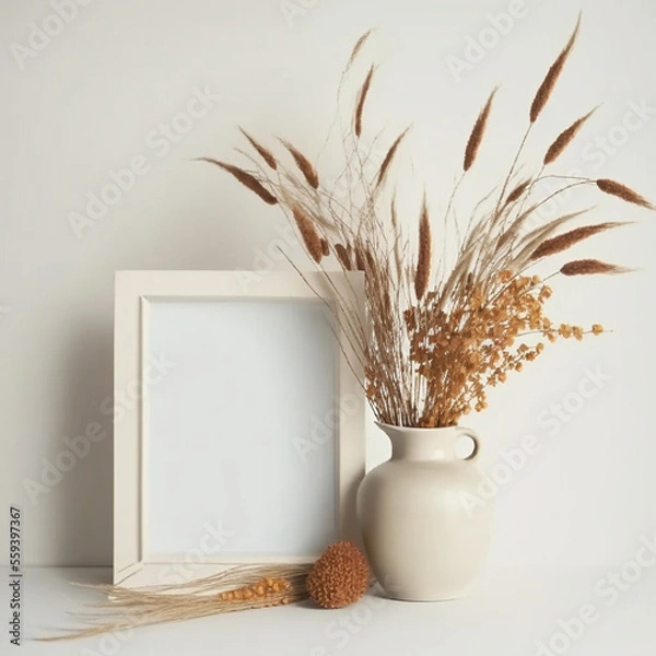 Fototapeta Quadratischer Holzrahmen Mockup auf Vintage-Bank, Tisch. Moderne weiße Keramikvase mit trockenem Lagurus ovatus Gras, Bücher und Visitenkarte. Weiße Wand Hintergrund. Skandinavisches Interieur.
