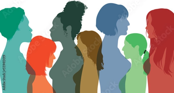 Fototapeta Community of female social networkers from different cultures. Get to know each other. Communication group of multi-ethnic women and girls. Flat vector illustration
