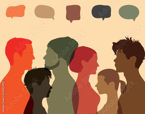 Fototapeta Several people talking in a group profile. Crowd speaks, concept communicates. Vector Illustration. A communication bubble and a social networking site. 