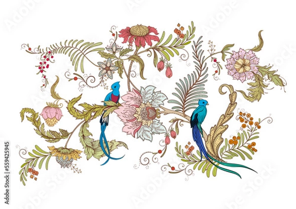 Obraz Fantasy flowers with bird of paradise quezal, in retro, vintage, jacobean embroidery style. Clip art, set of elements for design Vector illustration.