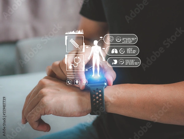 Fototapeta Concept of The technology to check health with smart watch. Futuristic smart watch technology male looking at watch checking health. holographic icon user interface.
