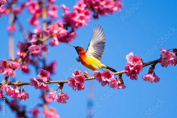 Fototapeta Green-tailed Sunbird ,Aethopyga nipalensis or Nepal yellow-backed sunbird, in the family Nectariniidae live on Ang khang in Chiang Mai, Thailand.