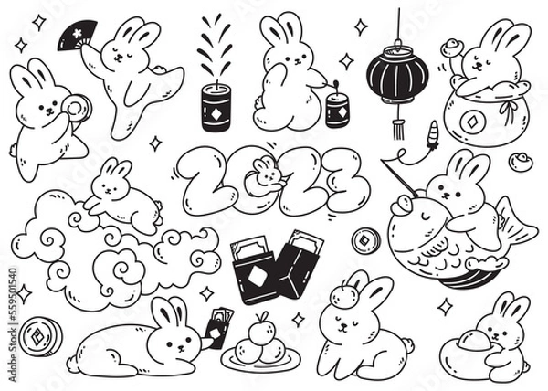 Fototapeta Chinese New Year Doodle, Year of Rabbit 2023 Element