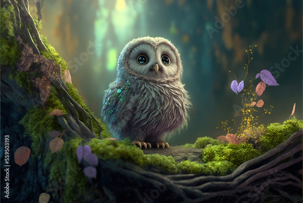 Fototapeta Adorable baby owl in a fantasy forest, Generative AI