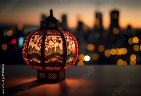 Obraz Chinese lantern in the foreground, with a beautiful cityscape in the background (AI Generated)