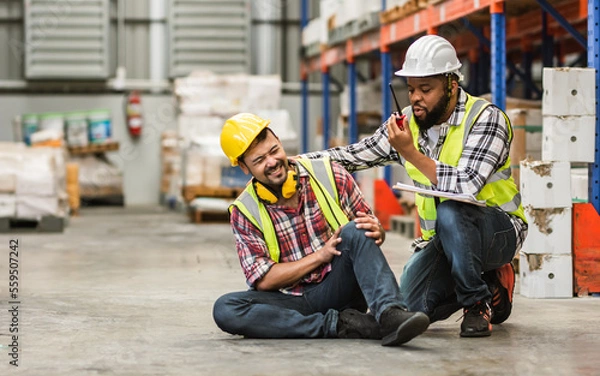 Fototapeta Professional male worker help his colleague after getting accident, injured leg while working in factory or warehouse. Safety, Industry, Healthcare, Insurance Concept.