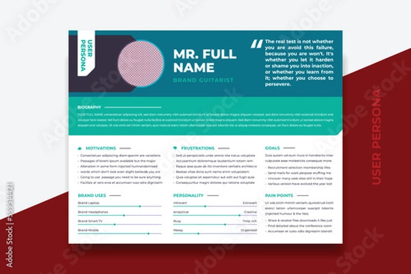 Fototapeta User Persona Document Template Vector Illustration. Examples of User Personas template. Persona Document. Persona Template for UI UX designer. User Persona vector horizontal template with double color