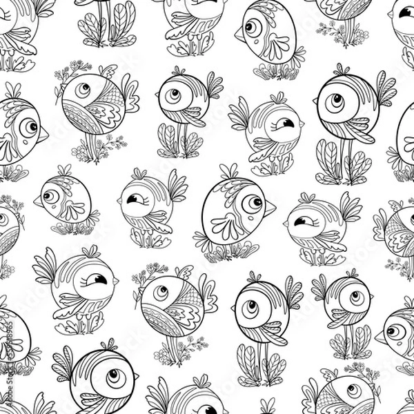 Obraz pattern set of birds contour vector isolated on white background seamless print for children and adults illustration doodle sketch textile fun