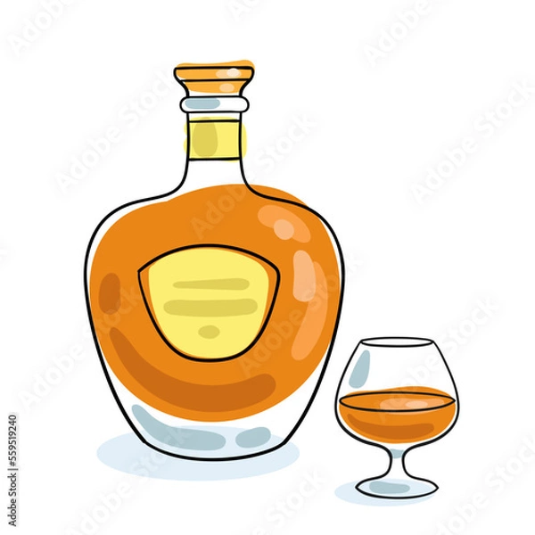 Fototapeta Cognac bottle and glass. Picture in line style. Black contour with colored spots. Isolated on white background.  Vector flat illustration.